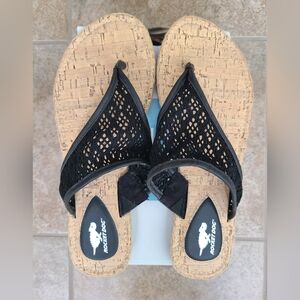 Rocket Dog Black Crochet Cork Wedge Thong Sandals